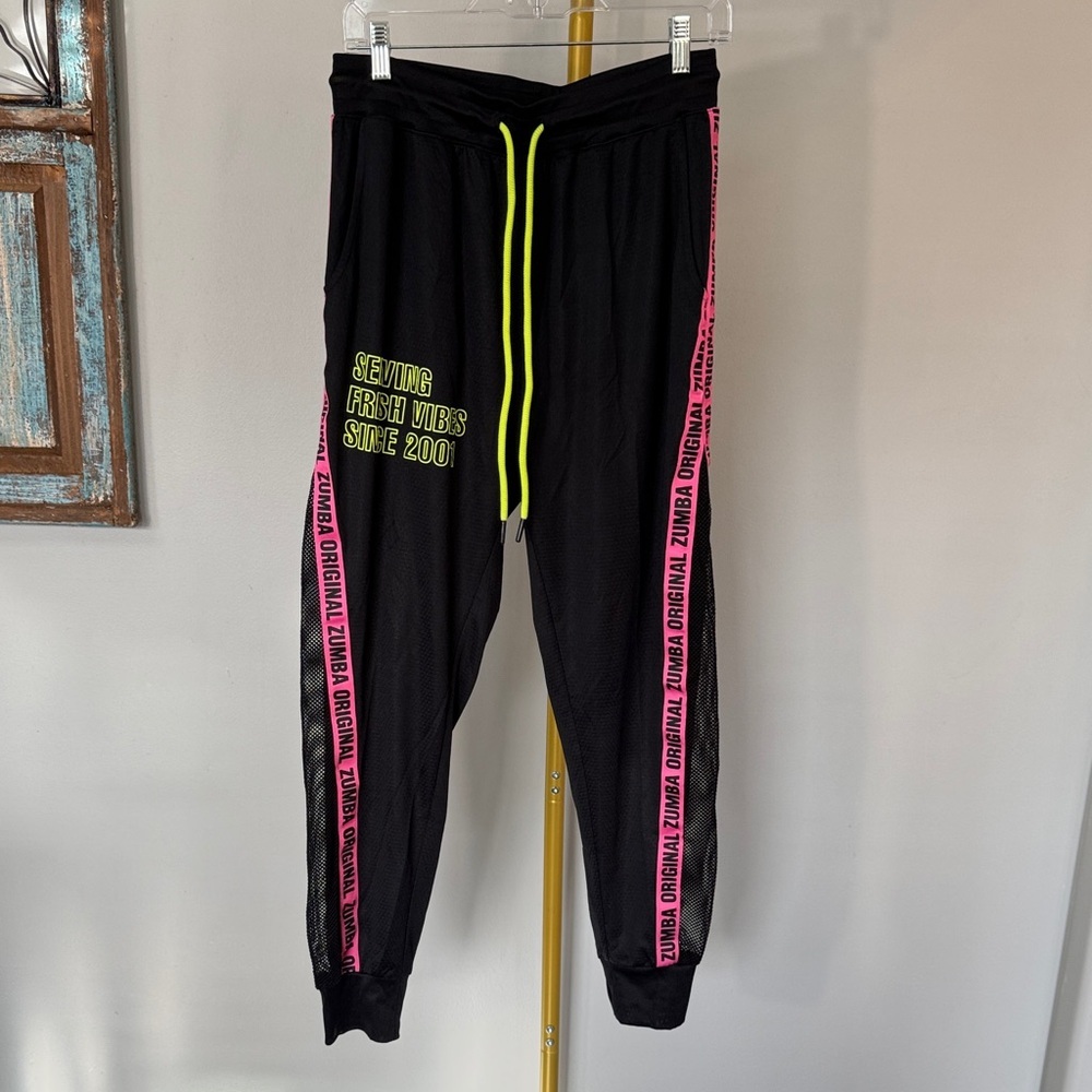 Zumba Fitness Black Joggers with Neon Pink Side Tape and Yellow Drawcord